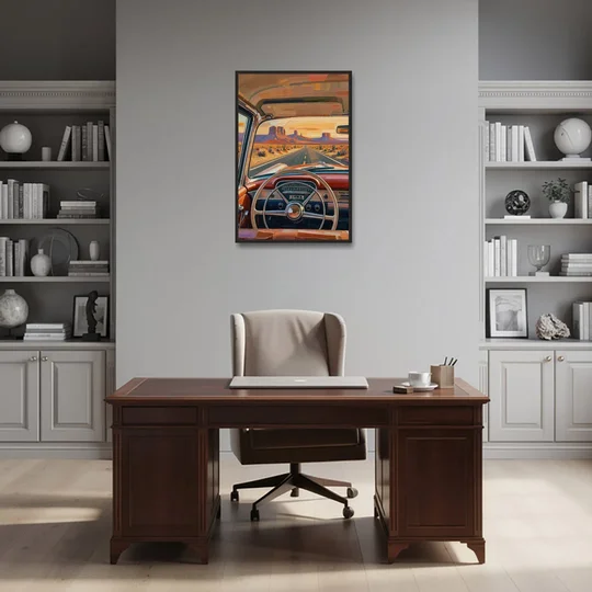 Vintage Car Painting of the Desert Highway - Black Framed Canvas Wall Art - Office - 24x36