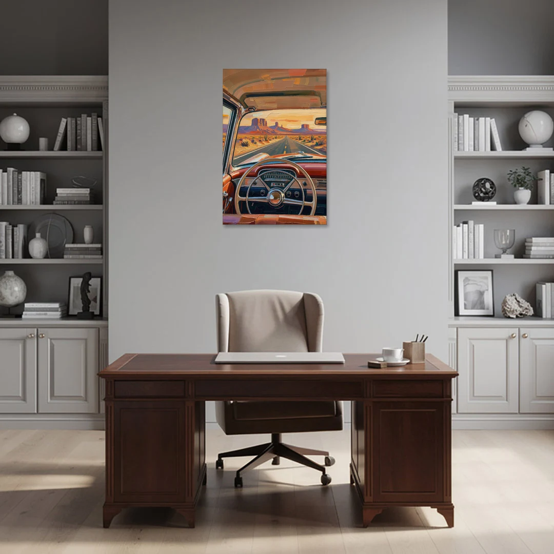 Vintage Car Painting of the Desert Highway - Canvas Wall Art - Office - 24x36