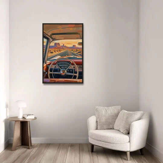 Vintage Car Painting of the Desert Highway - Black Framed Canvas Wall Art - Sofa - 24x36