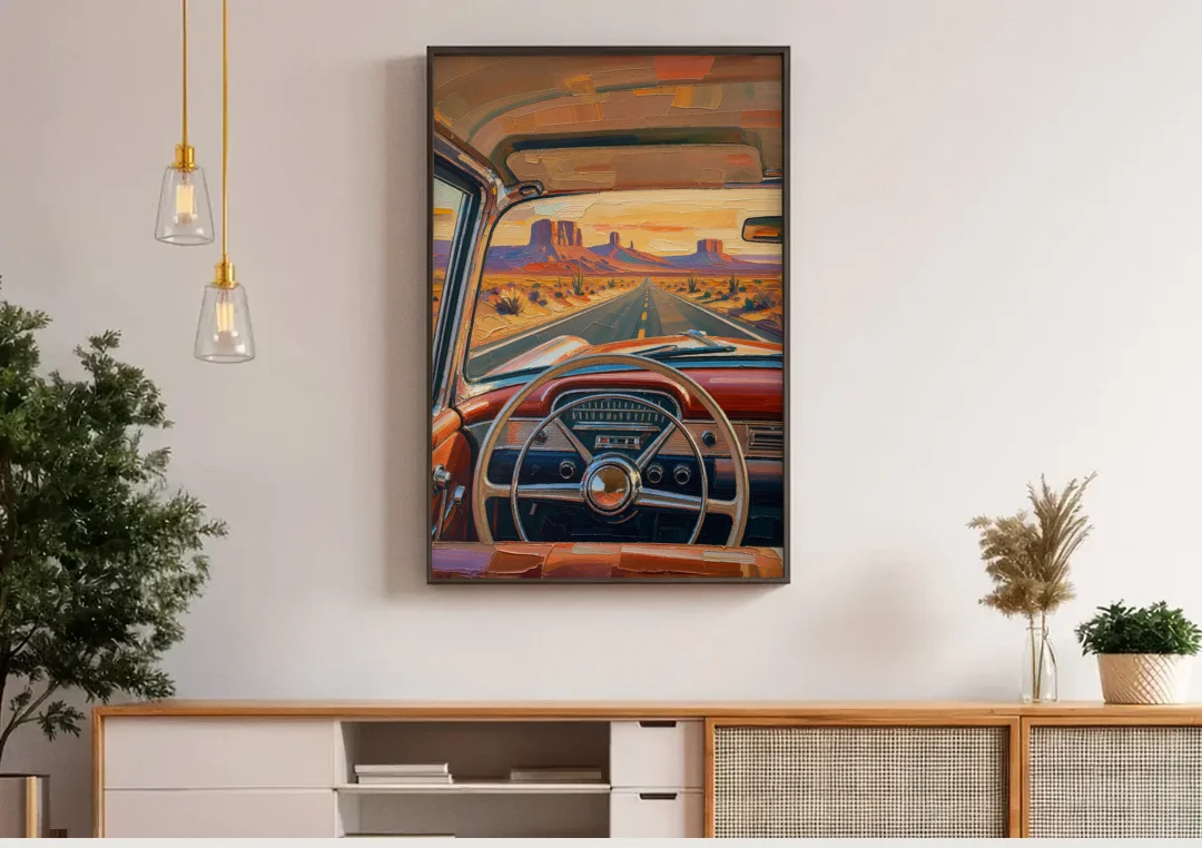 Vintage Car Painting of the Desert Highway canvas wall art above a wooden sideboard under pendant lights