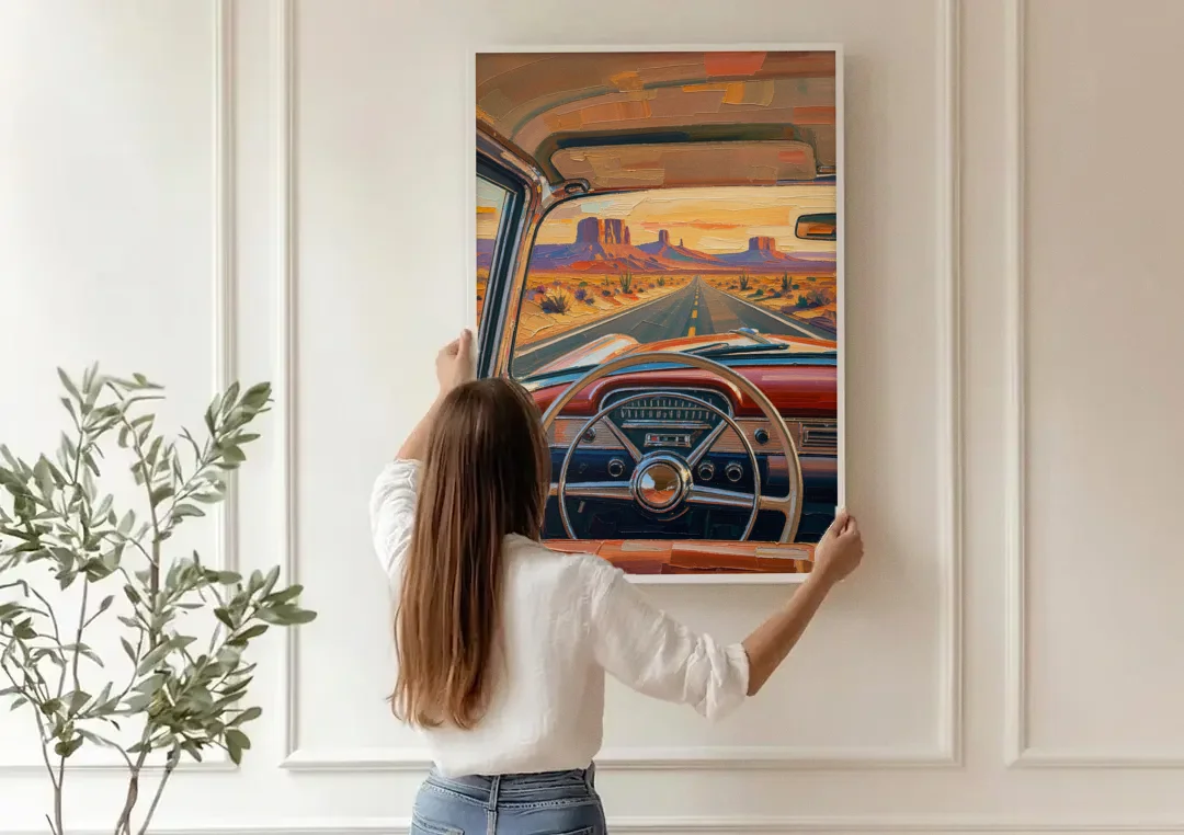 Vintage Car Painting of the Desert Highway canvas wall art being hung on a paneled wall