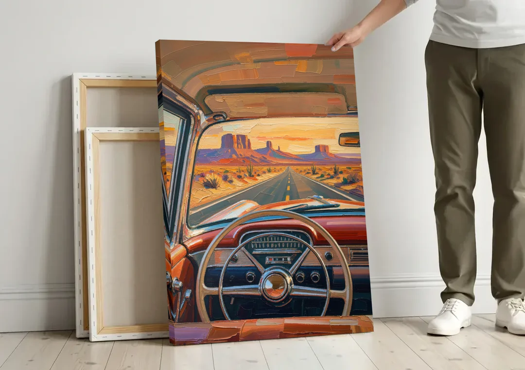 Vintage Car Painting of the Desert Highway canvas wall art leaning against a wall next to blank canvases