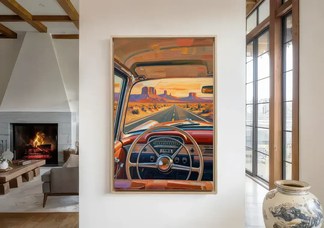 Vintage Car Painting of the Desert Highway canvas wall art in a living room with a fireplace