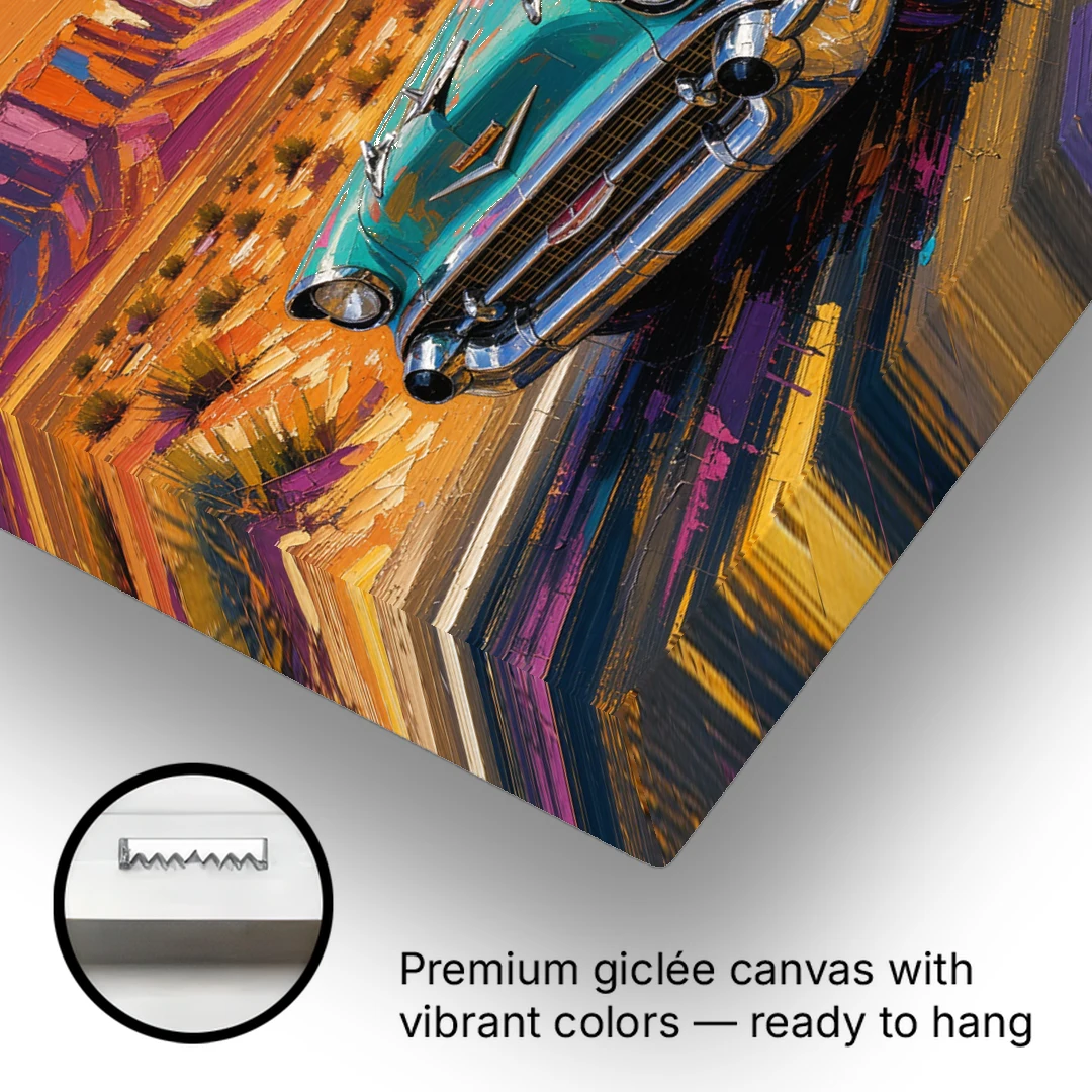 Vintage Car Wall Art Turquoise Sedan on Desert Road - Canvas Wall Art - Gallery Wrap Corner