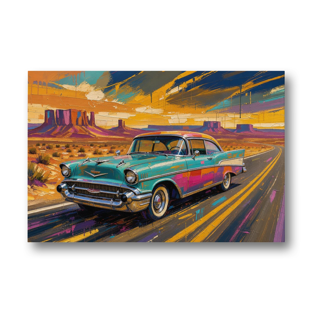 Vintage Car Wall Art Turquoise Sedan on Desert Road - Canvas Wall Art - Front