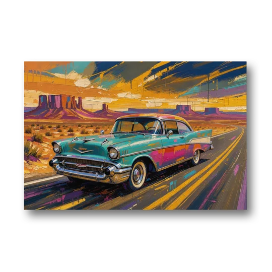 Vintage Car Wall Art Turquoise Sedan on Desert Road - Canvas Wall Art - Front