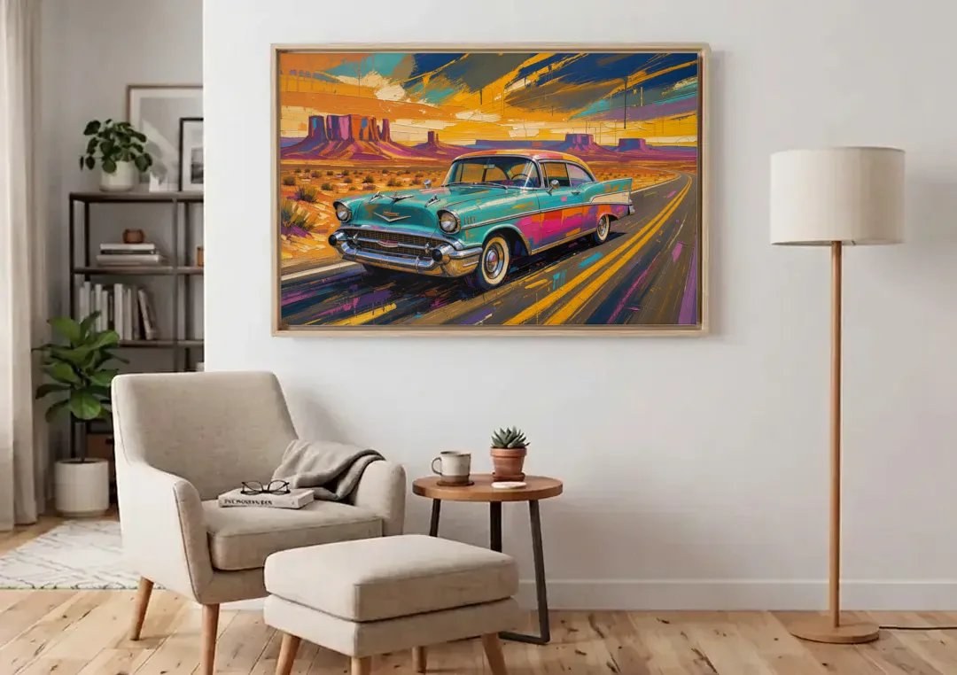 Vintage Car Wall Art Turquoise Sedan on Desert Road canvas wall art above an armchair in a bright living room