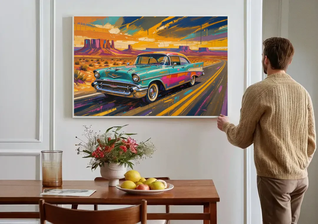 Vintage Car Wall Art Turquoise Sedan on Desert Road canvas wall art above a dining table