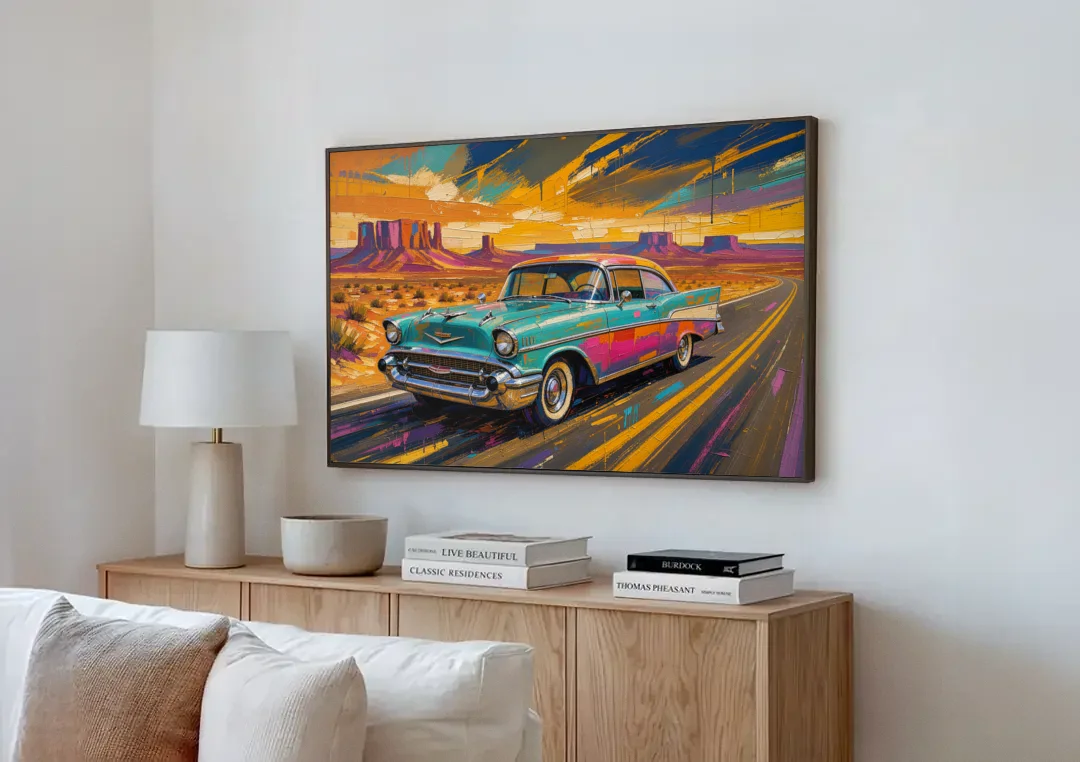 Vintage Car Wall Art Turquoise Sedan on Desert Road canvas wall art above a wooden sideboard next to a sofa