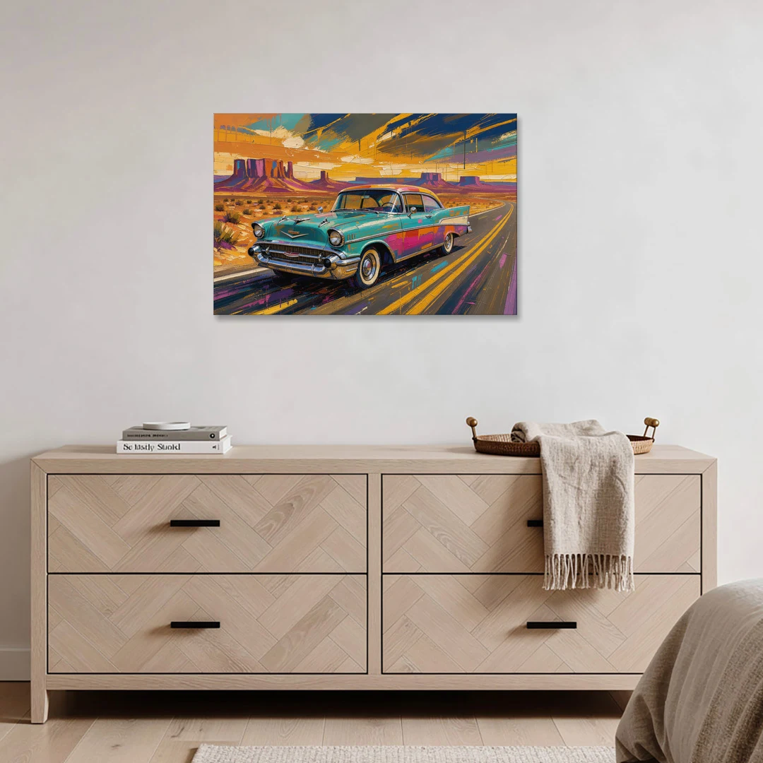 Vintage Car Wall Art Turquoise Sedan on Desert Road - Canvas Wall Art - Coffee Table - 36x24