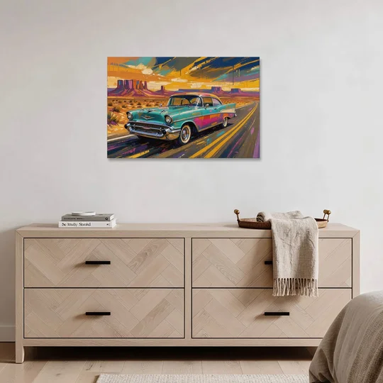 Vintage Car Wall Art Turquoise Sedan on Desert Road - Canvas Wall Art - Coffee Table - 36x24