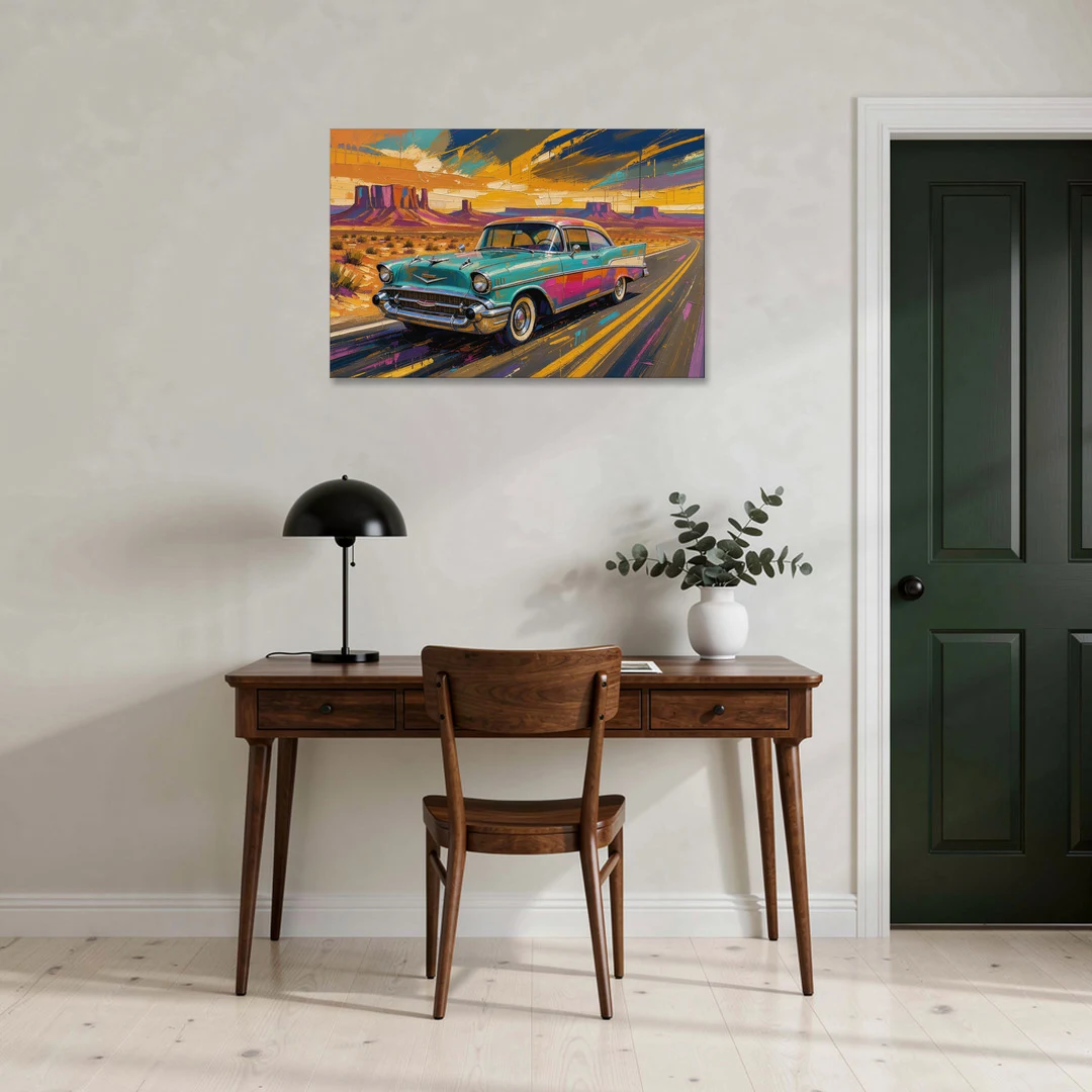 Vintage Car Wall Art Turquoise Sedan on Desert Road - Canvas Wall Art - Office - 36x24