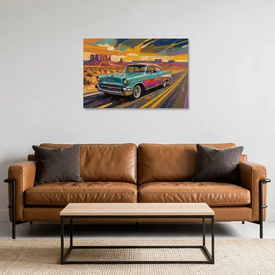 Vintage Car Wall Art Turquoise Sedan on Desert Road - Canvas Wall Art - Sofa - 36x24
