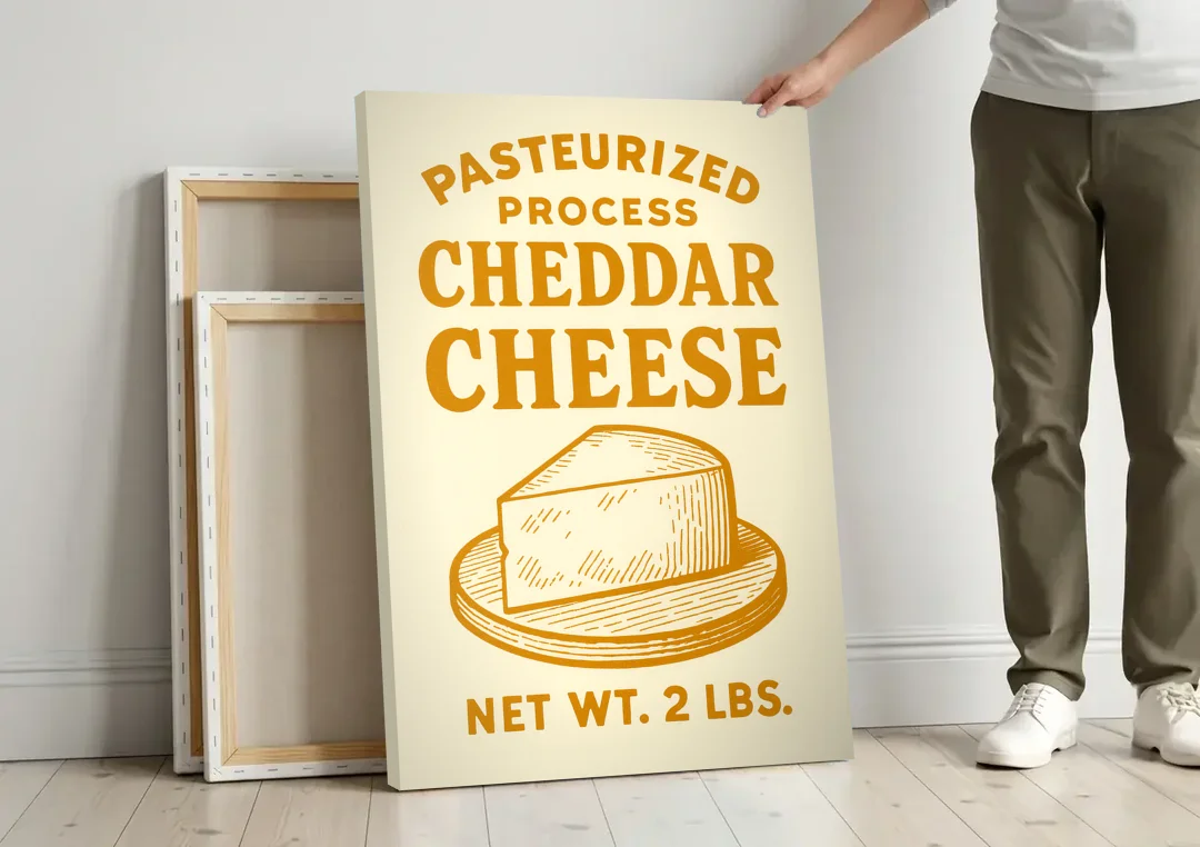 Vintage Cheddar Cheese canvas wall art leaning against a wall next to blank canvases