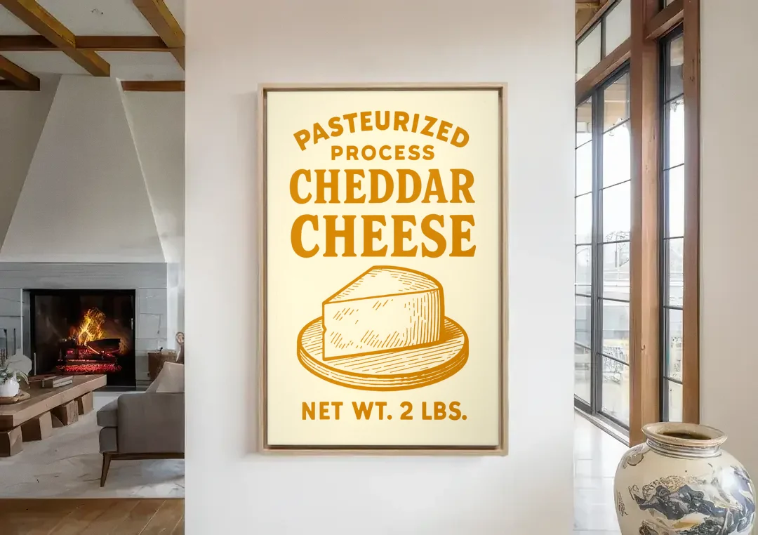 Vintage Cheddar Cheese canvas wall art in a living room with a fireplace