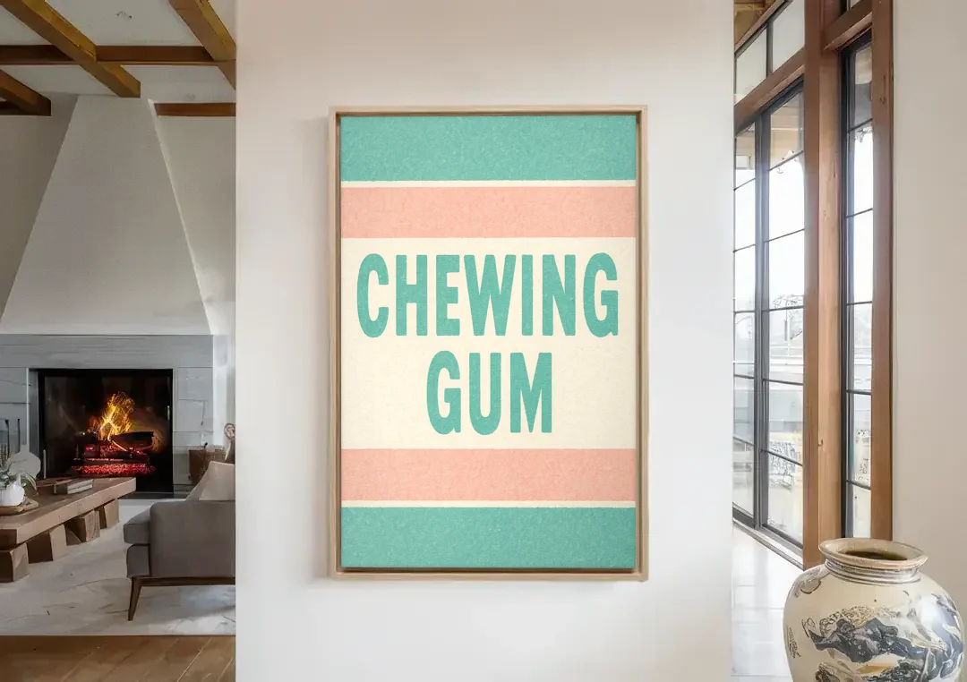 Vintage Chewing Gum canvas wall art in a living room with a fireplace