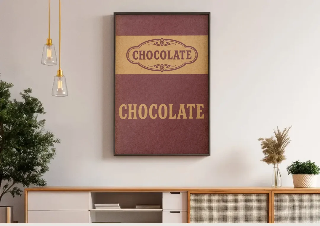 Vintage Chocolate Bar canvas wall art above a wooden sideboard under pendant lights