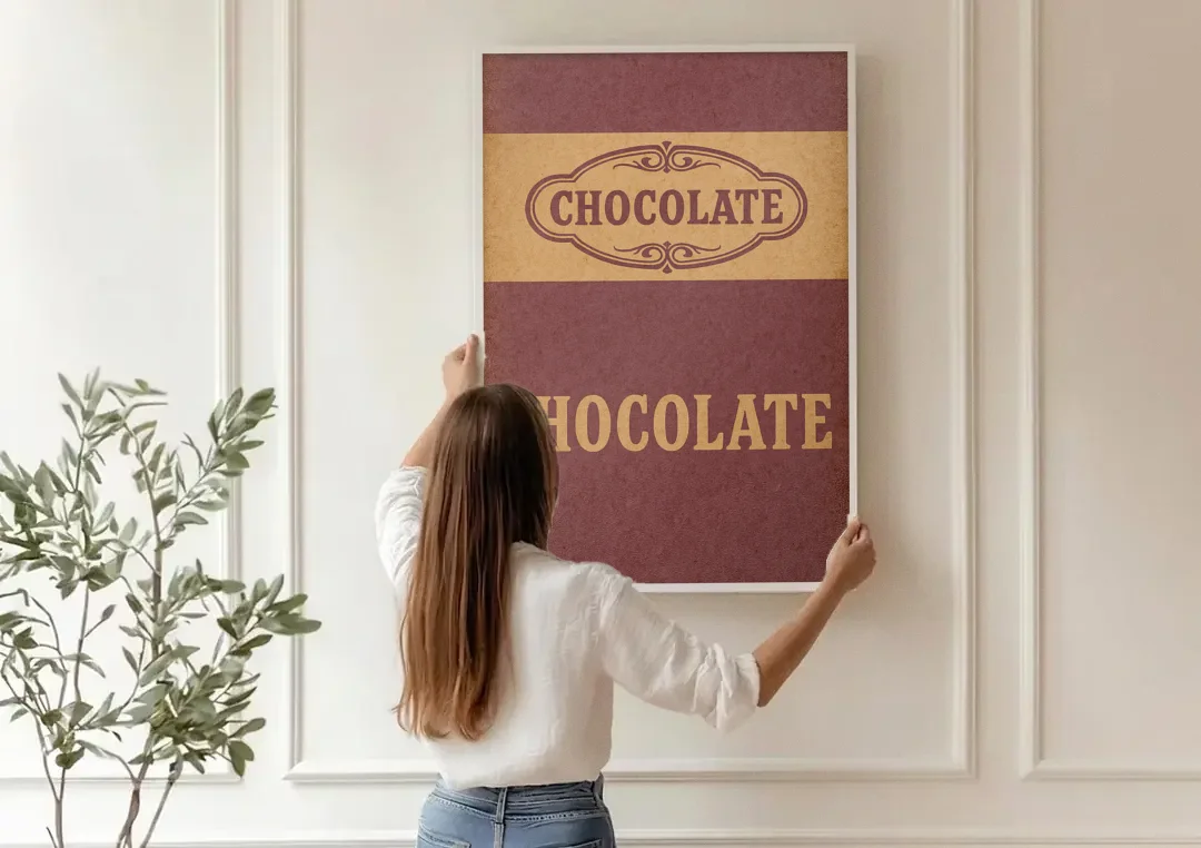 Vintage Chocolate Bar canvas wall art being hung on a paneled wall