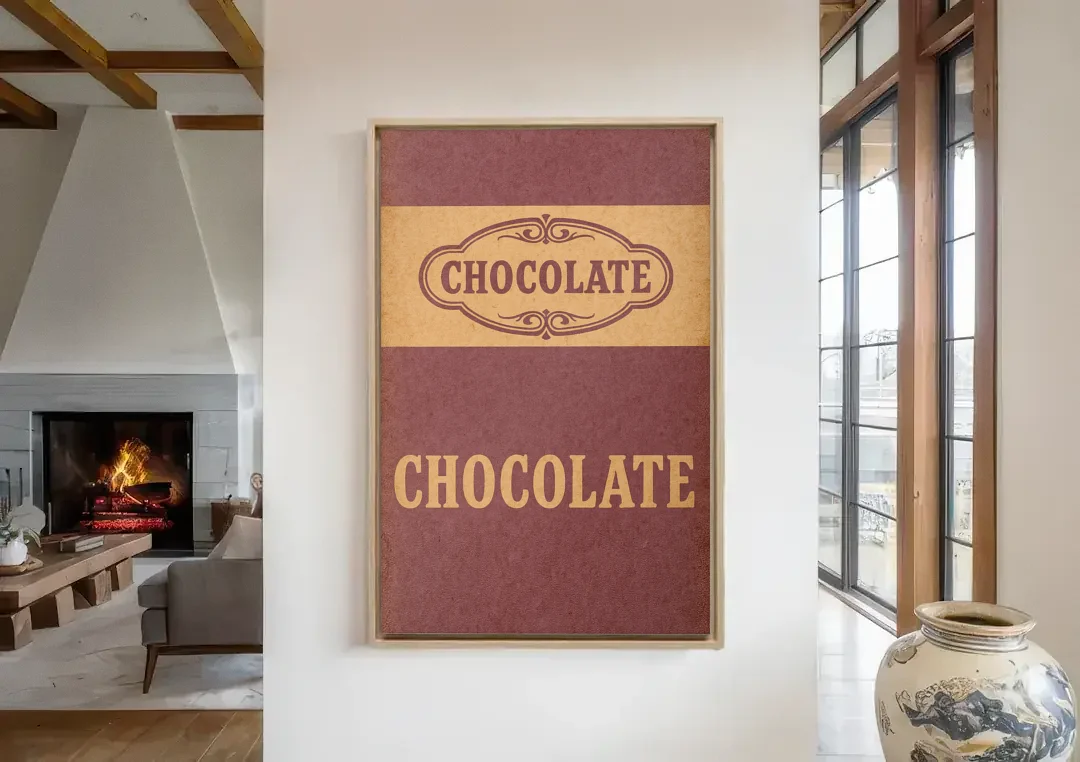 Vintage Chocolate Bar canvas wall art in a living room with a fireplace