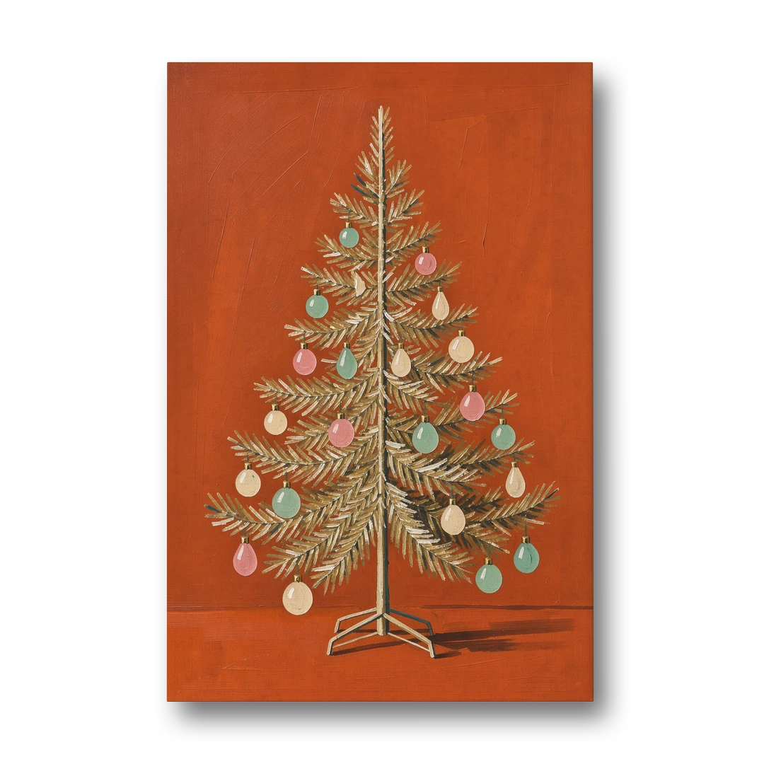 Vintage Christmas Tree Wall Art with Pastel Glass Ornaments - Canvas Wall Art - Front