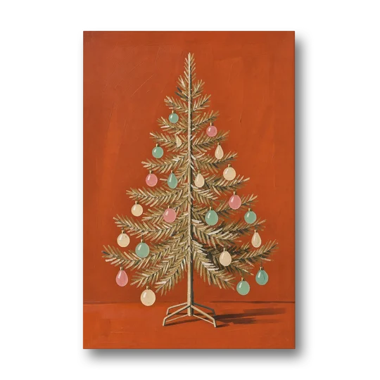Vintage Christmas Tree Wall Art with Pastel Glass Ornaments - Canvas Wall Art - Front