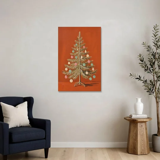 Vintage Christmas Tree Wall Art with Pastel Glass Ornaments - Canvas Wall Art - Sofa - 24x36