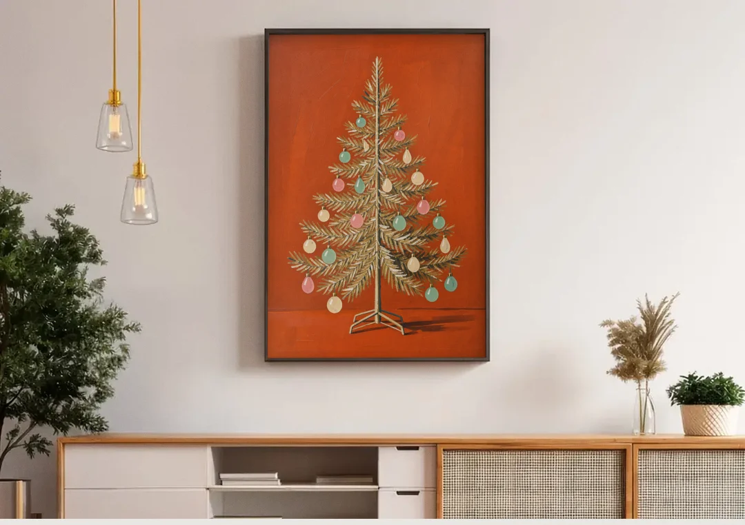 Vintage Christmas Tree Wall Art with Pastel Glass Ornaments canvas wall art above a wooden sideboard under pendant lights