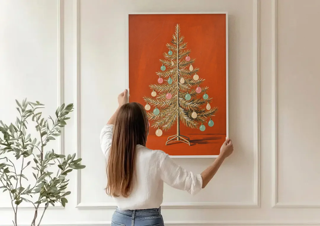 Vintage Christmas Tree Wall Art with Pastel Glass Ornaments canvas wall art being hung on a paneled wall