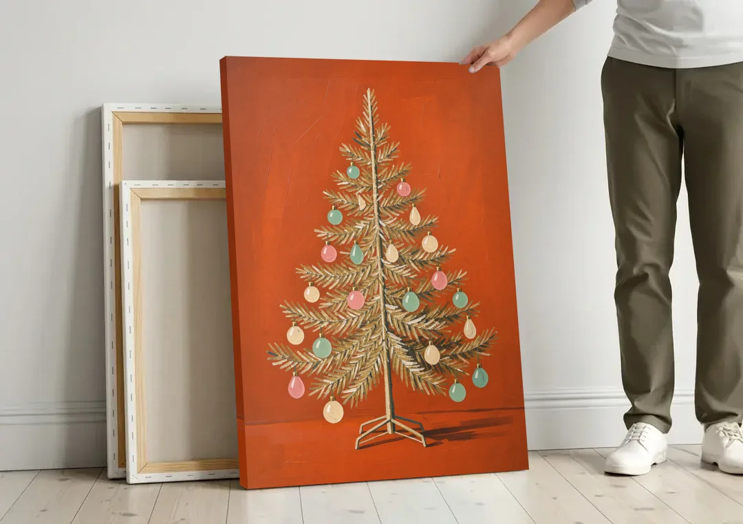 Vintage Christmas Tree Wall Art with Pastel Glass Ornaments canvas wall art leaning against a wall next to blank canvases