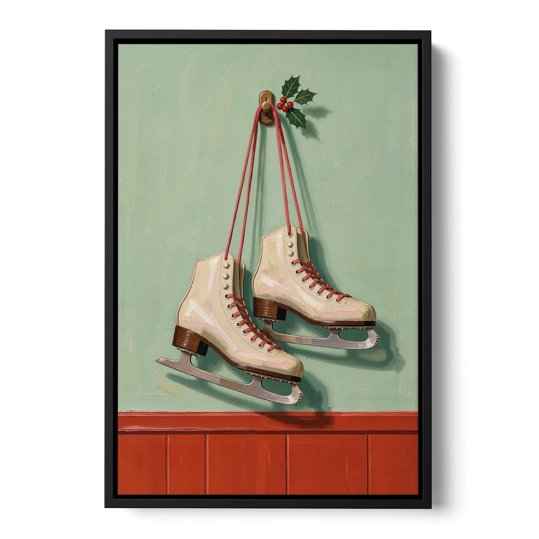 Vintage Christmas Wall Art of Hanging Ice Skates - Black Framed Canvas Wall Art - Front