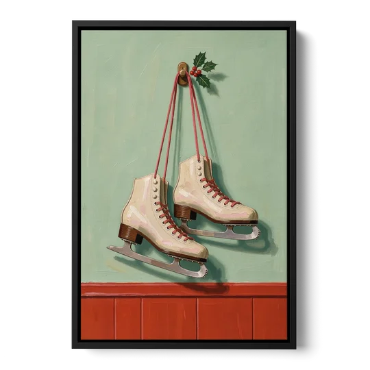 Vintage Christmas Wall Art of Hanging Ice Skates - Black Framed Canvas Wall Art - Front