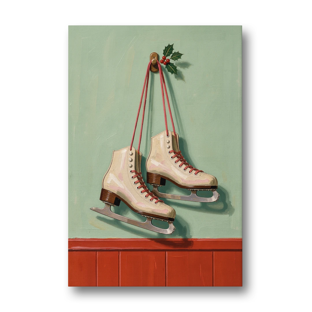 Vintage Christmas Wall Art of Hanging Ice Skates - Canvas Wall Art - Front
