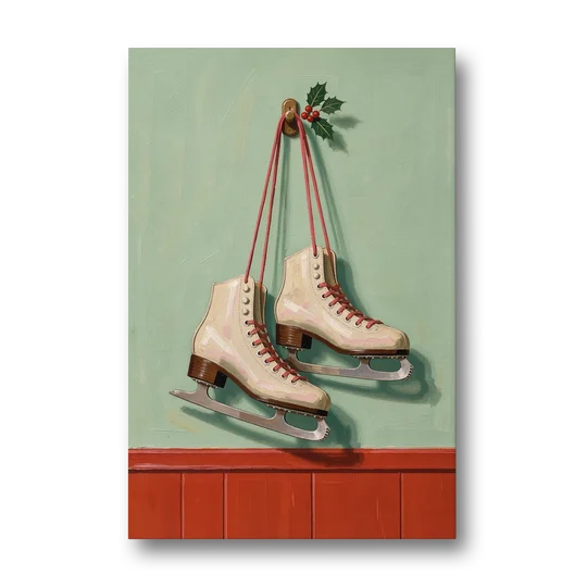 Vintage Christmas Wall Art of Hanging Ice Skates - Canvas Wall Art - Front