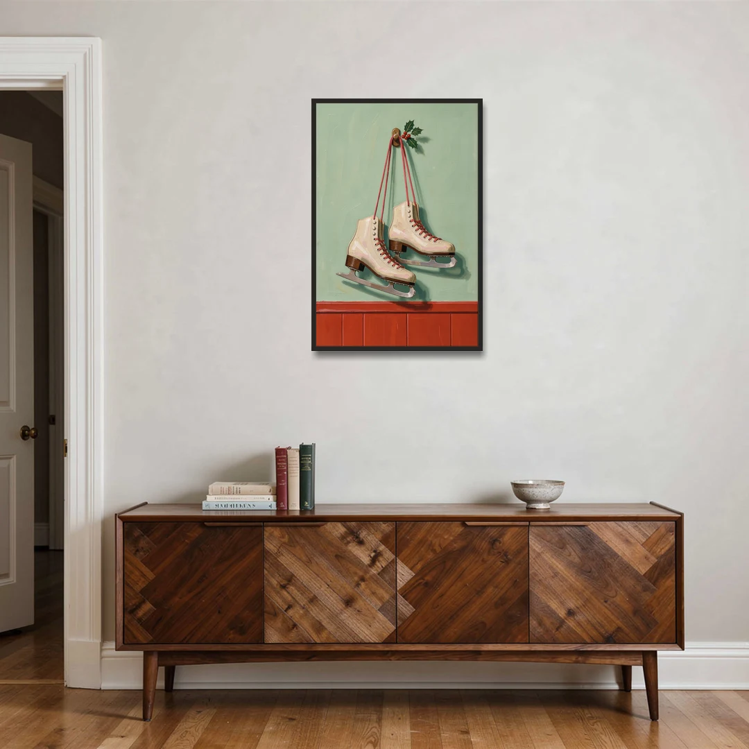 Vintage Christmas Wall Art of Hanging Ice Skates - Black Framed Canvas Wall Art - Coffee Table - 24x36