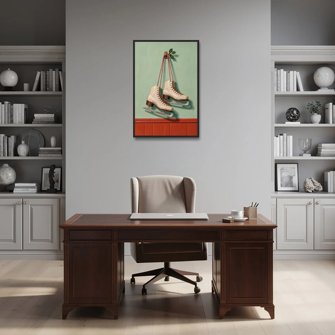Vintage Christmas Wall Art of Hanging Ice Skates - Black Framed Canvas Wall Art - Office - 24x36