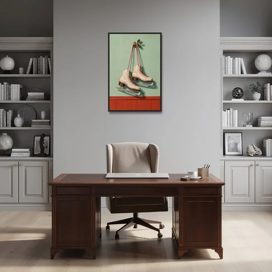 Vintage Christmas Wall Art of Hanging Ice Skates - Black Framed Canvas Wall Art - Office - 24x36