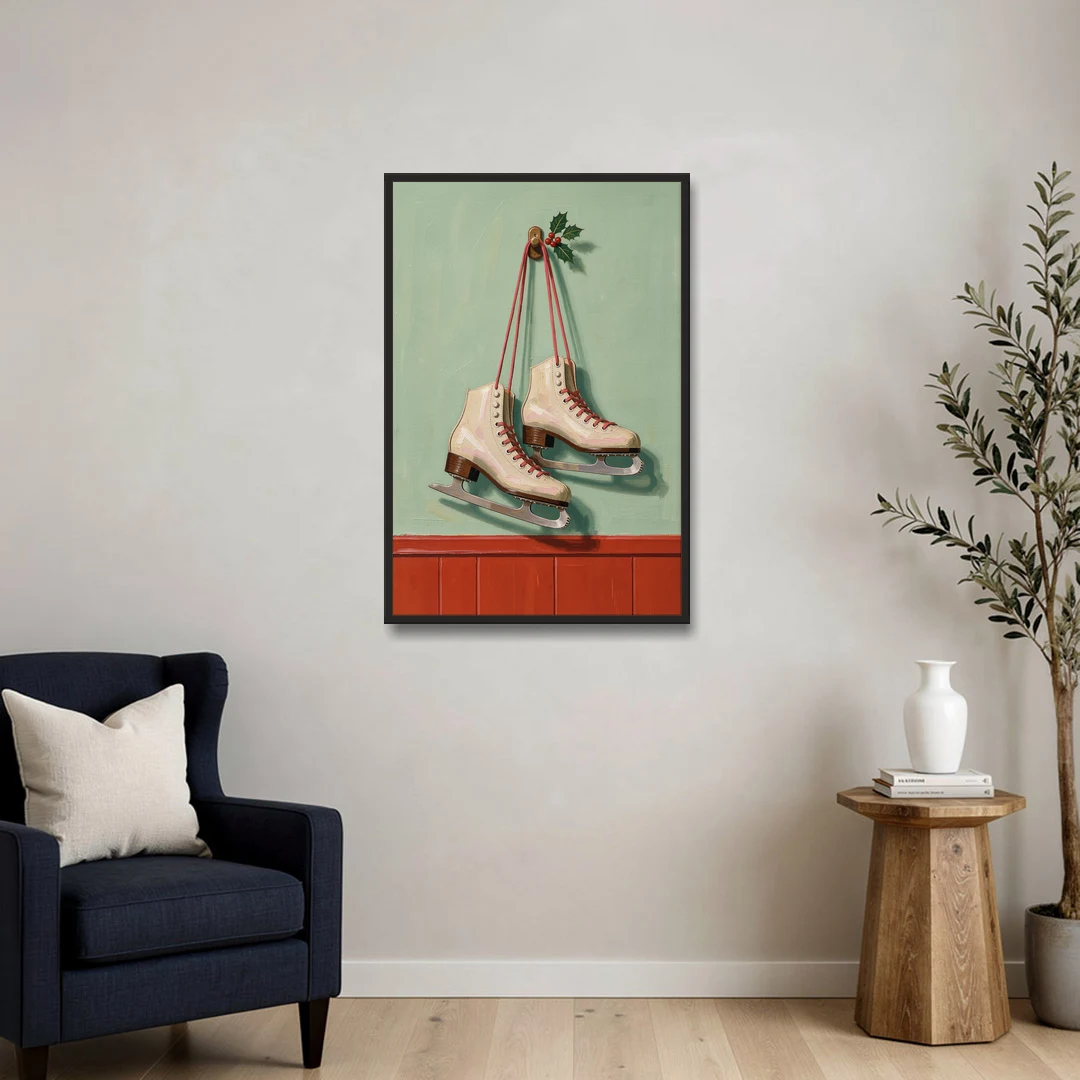 Vintage Christmas Wall Art of Hanging Ice Skates - Black Framed Canvas Wall Art - Sofa - 24x36