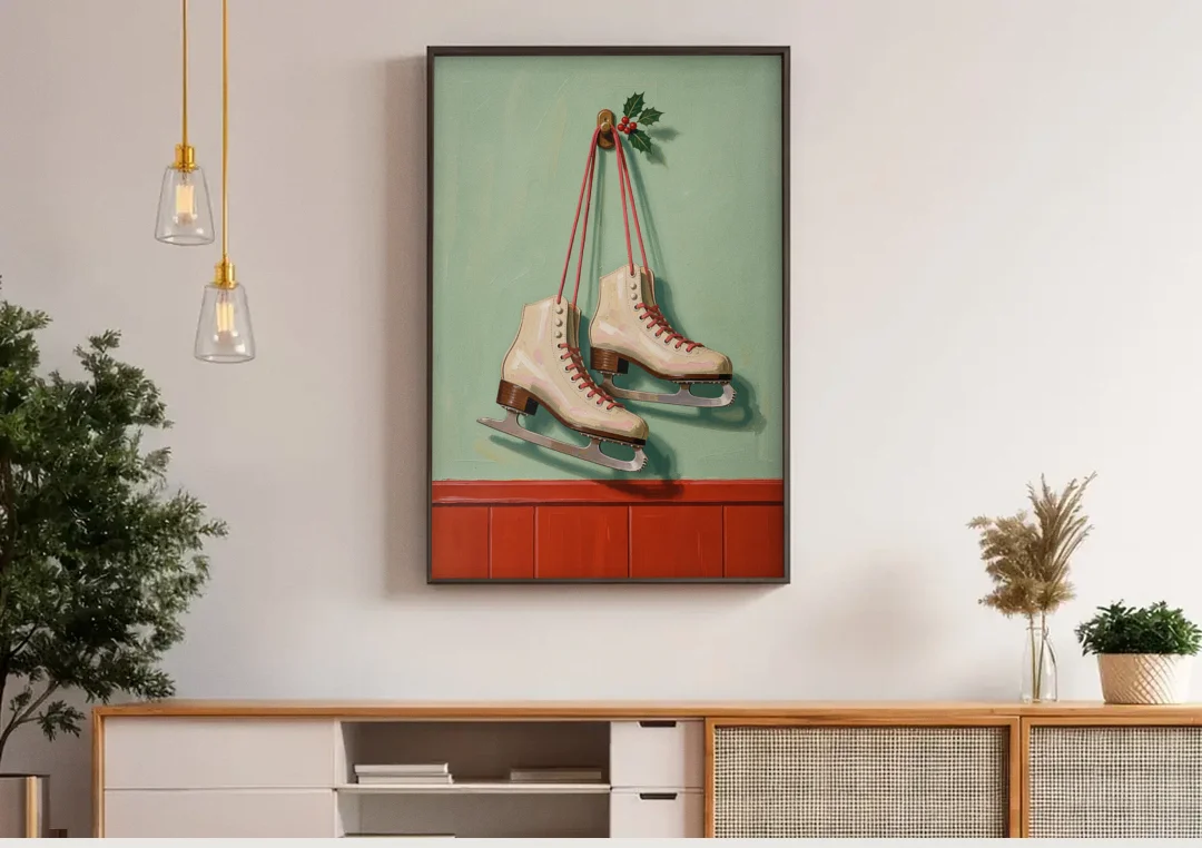 Vintage Christmas Wall Art of Hanging Ice Skates canvas wall art above a wooden sideboard under pendant lights