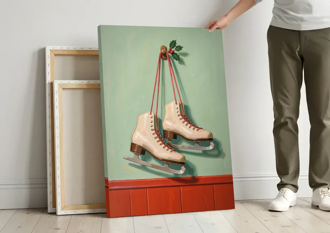 Vintage Christmas Wall Art of Hanging Ice Skates canvas wall art leaning against a wall next to blank canvases