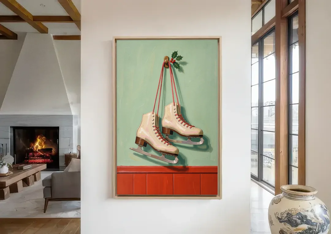 Vintage Christmas Wall Art of Hanging Ice Skates canvas wall art in a living room with a fireplace