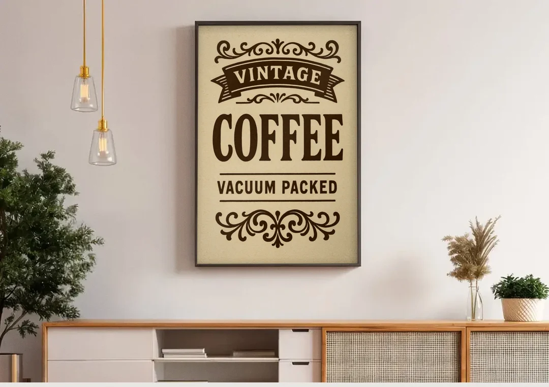 Vintage Coffee Vacuum Packed canvas wall art above a wooden sideboard under pendant lights