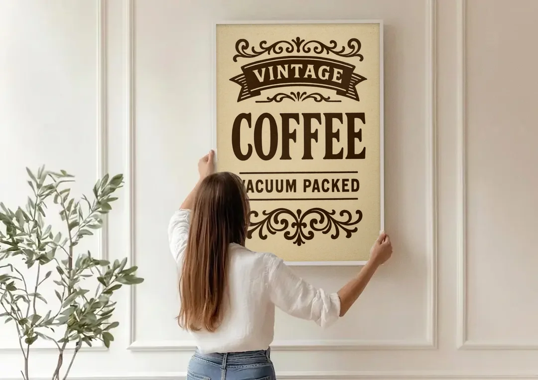 Vintage Coffee Vacuum Packed canvas wall art being hung on a paneled wall