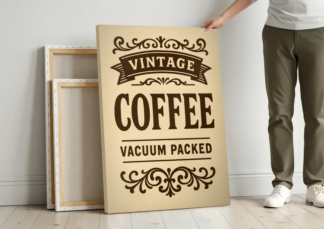 Vintage Coffee Vacuum Packed canvas wall art leaning against a wall next to blank canvases