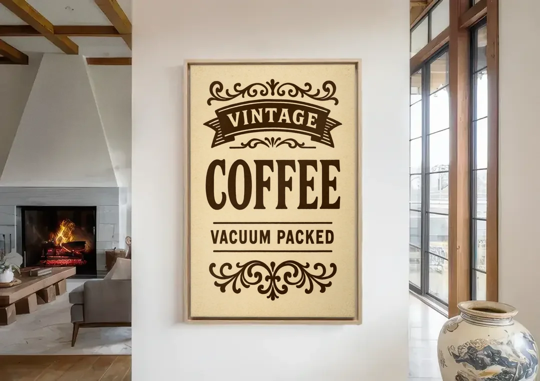 Vintage Coffee Vacuum Packed canvas wall art in a living room with a fireplace
