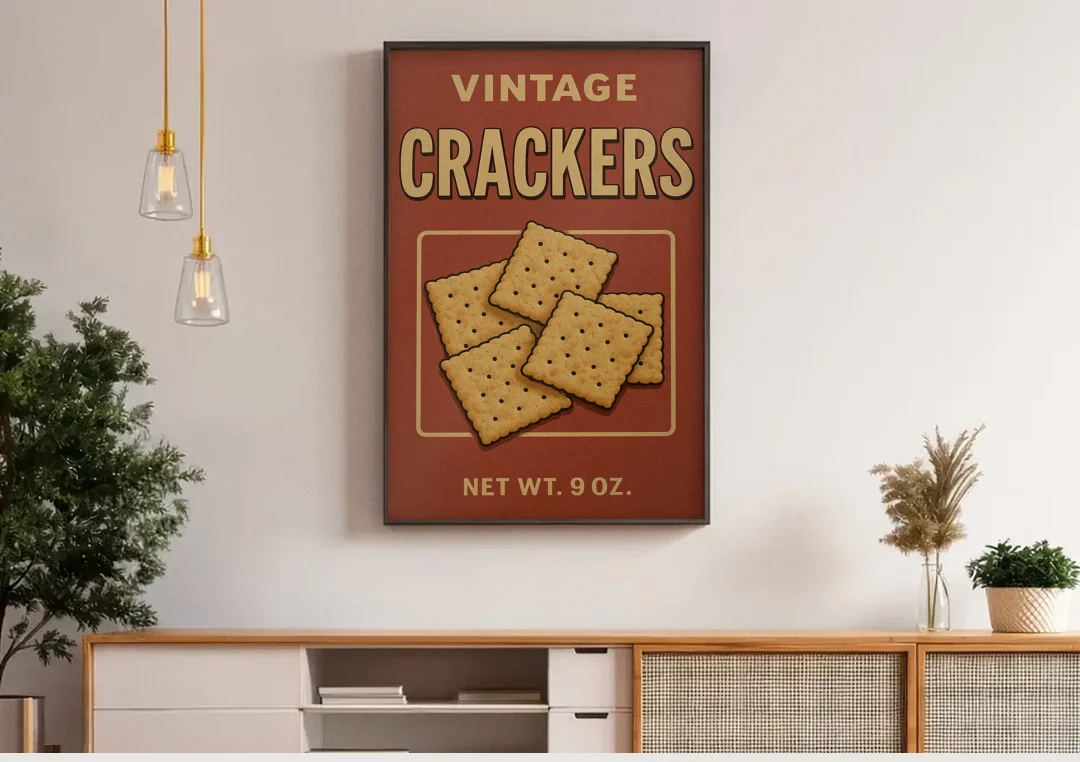 Vintage Crackers canvas wall art above a wooden sideboard under pendant lights