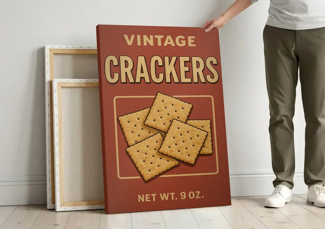 Vintage Crackers canvas wall art leaning against a wall next to blank canvases
