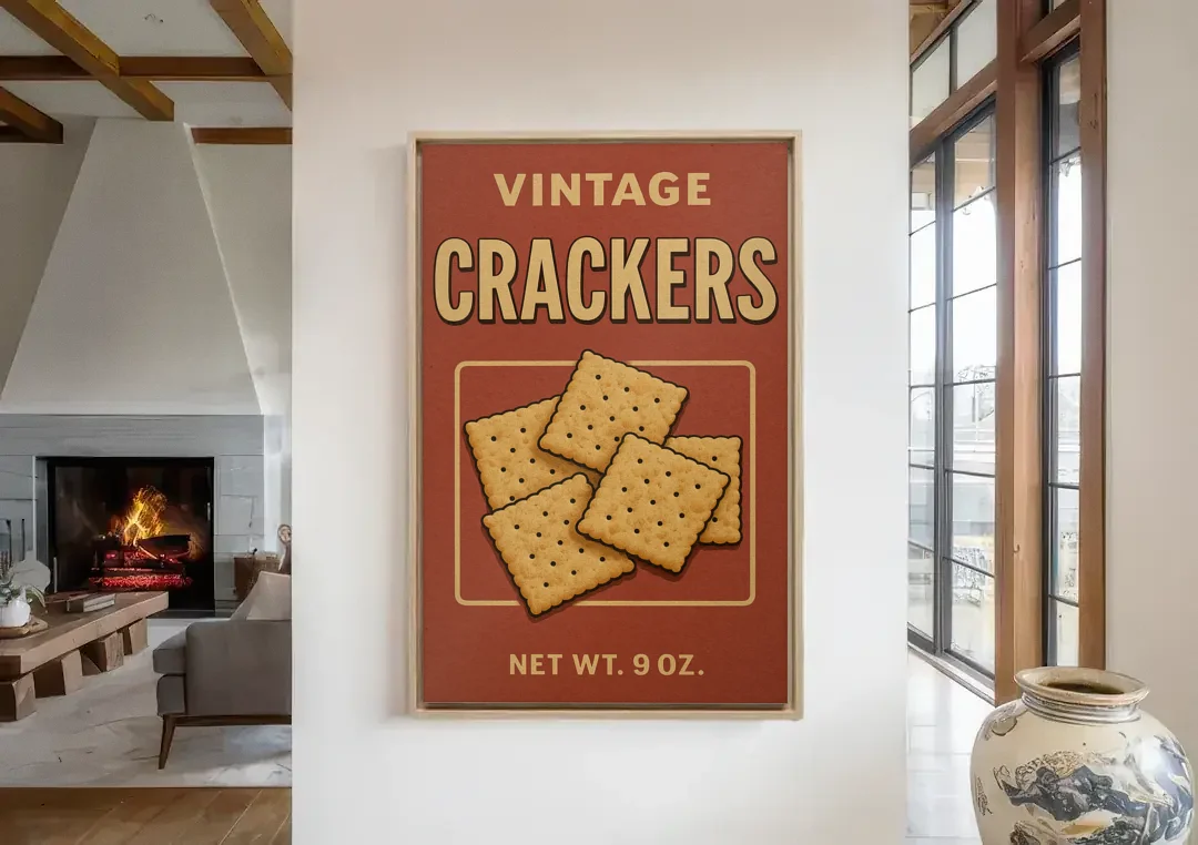 Vintage Crackers canvas wall art in a living room with a fireplace