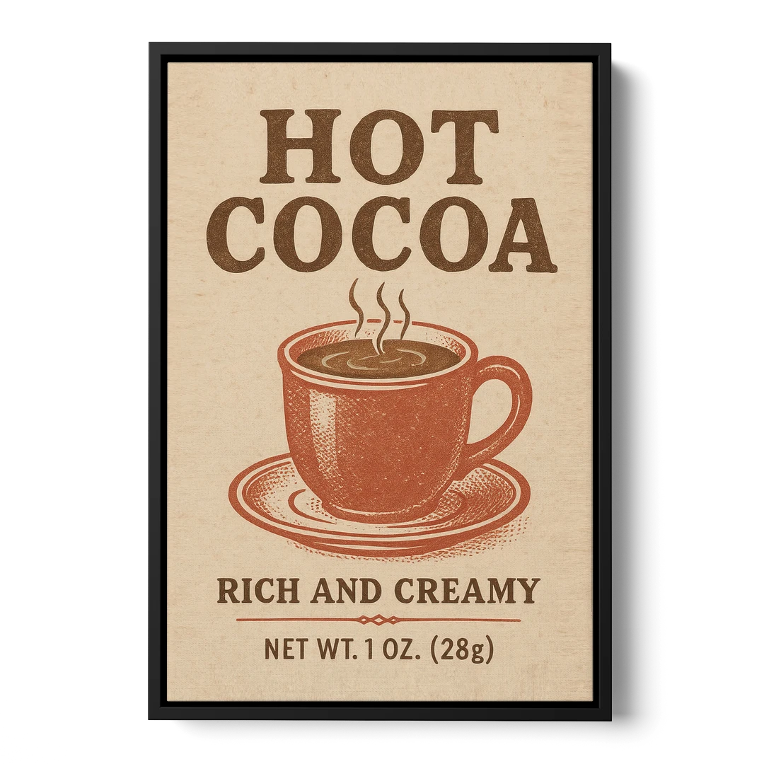 Vintage Creamy Hot Cocoa - Black Framed Canvas Wall Art - Front