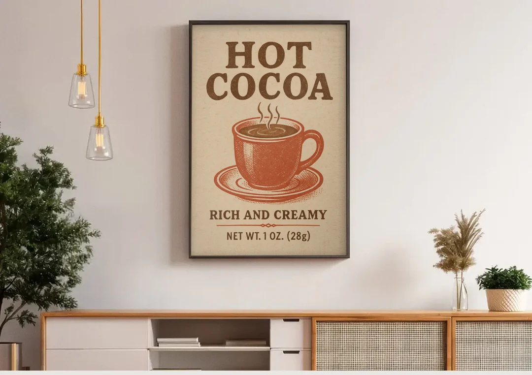 Vintage Creamy Hot Cocoa canvas wall art above a wooden sideboard under pendant lights