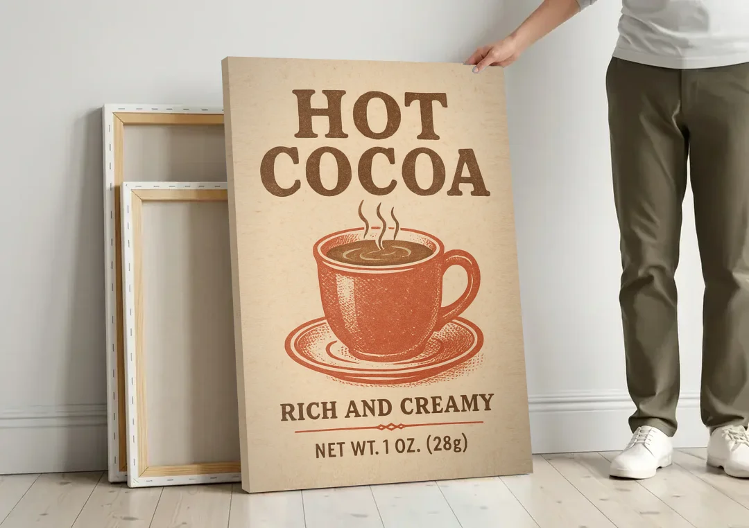 Vintage Creamy Hot Cocoa canvas wall art leaning against a wall next to blank canvases